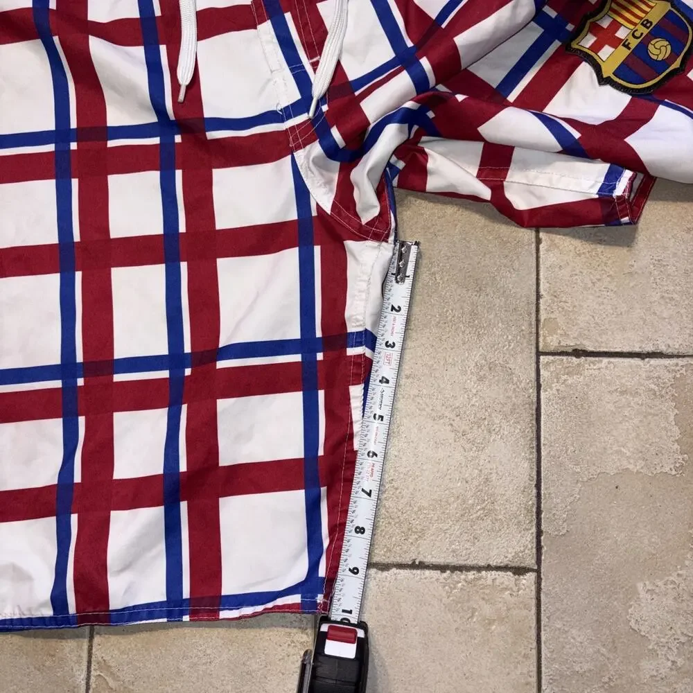 FC Barcelona Board Shorts Mens 36 Plaid Swim Trunks Icon Sports Group Vintage
